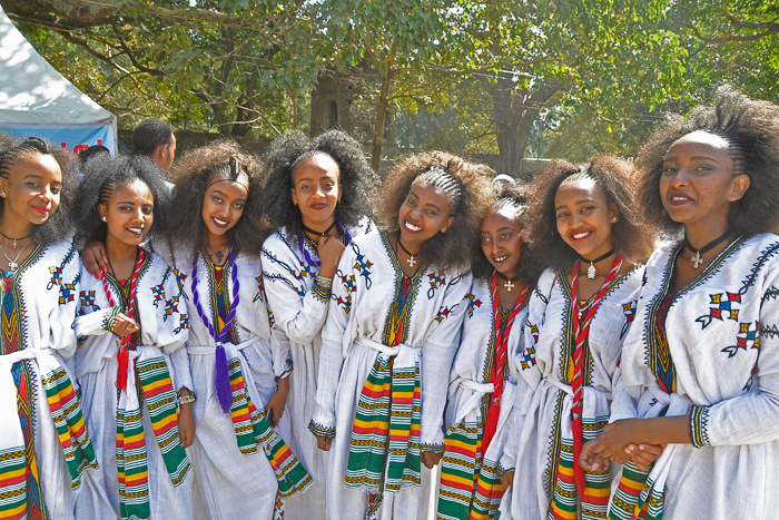 Line-up of traditionally dressed women